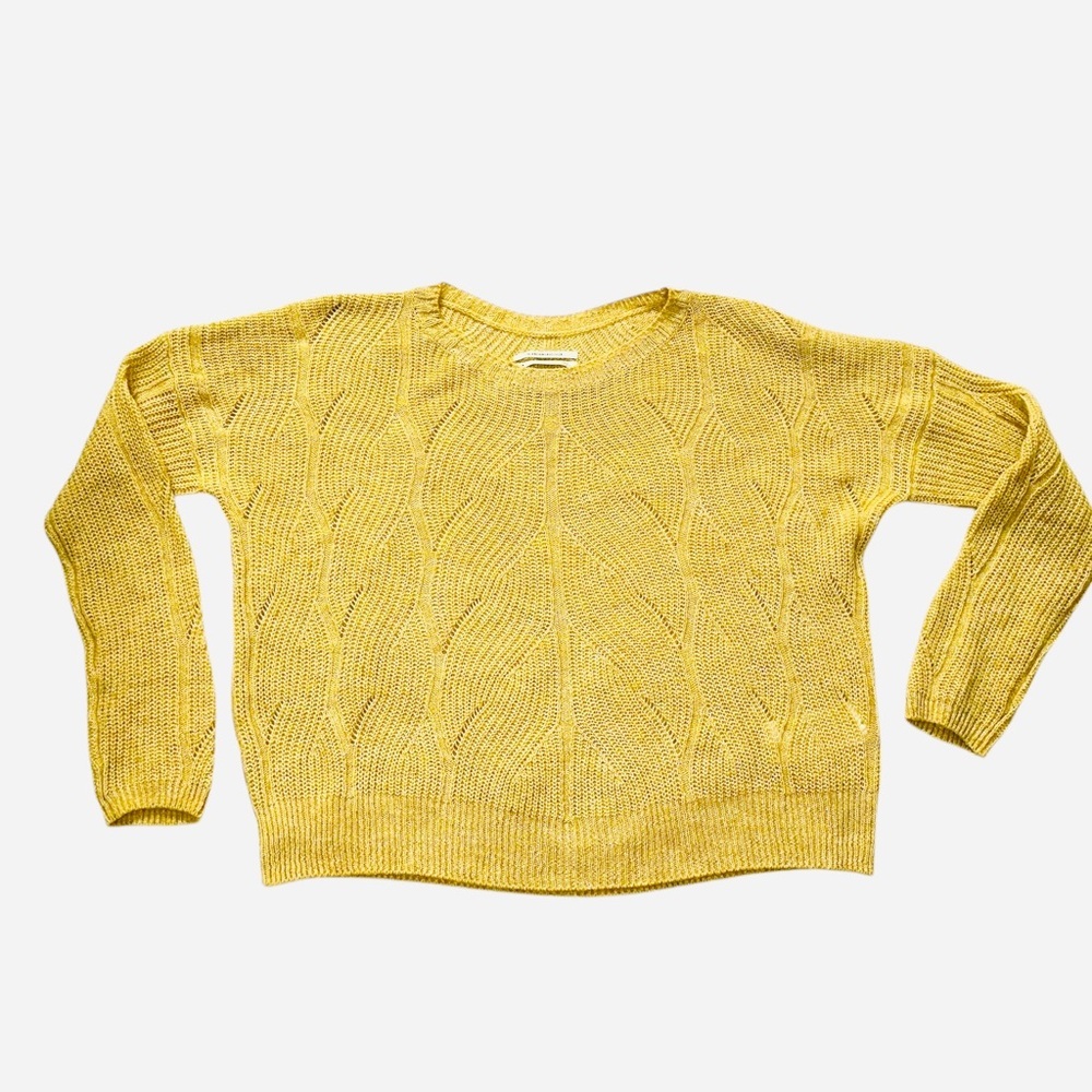 ANTHROPOLOGIE Women’s Open Weave Mustard Yellow Crew Neck Pullover Sweater XS - Picture 3 of 8